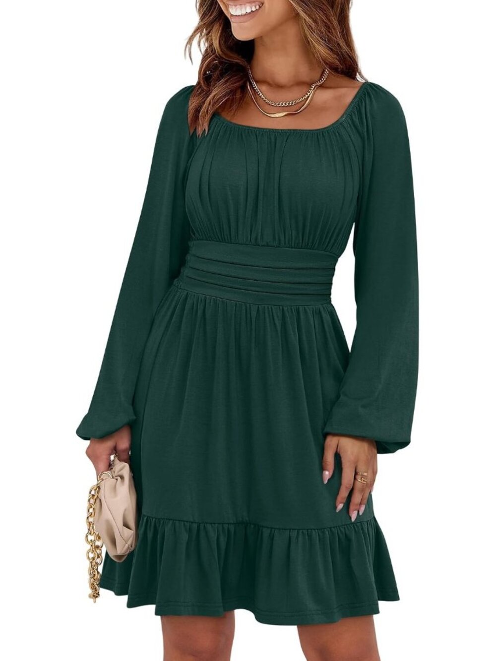 Women's Deep Green Lantern Sleeve Square Neck Elastic Waist A-Line Short Dresses